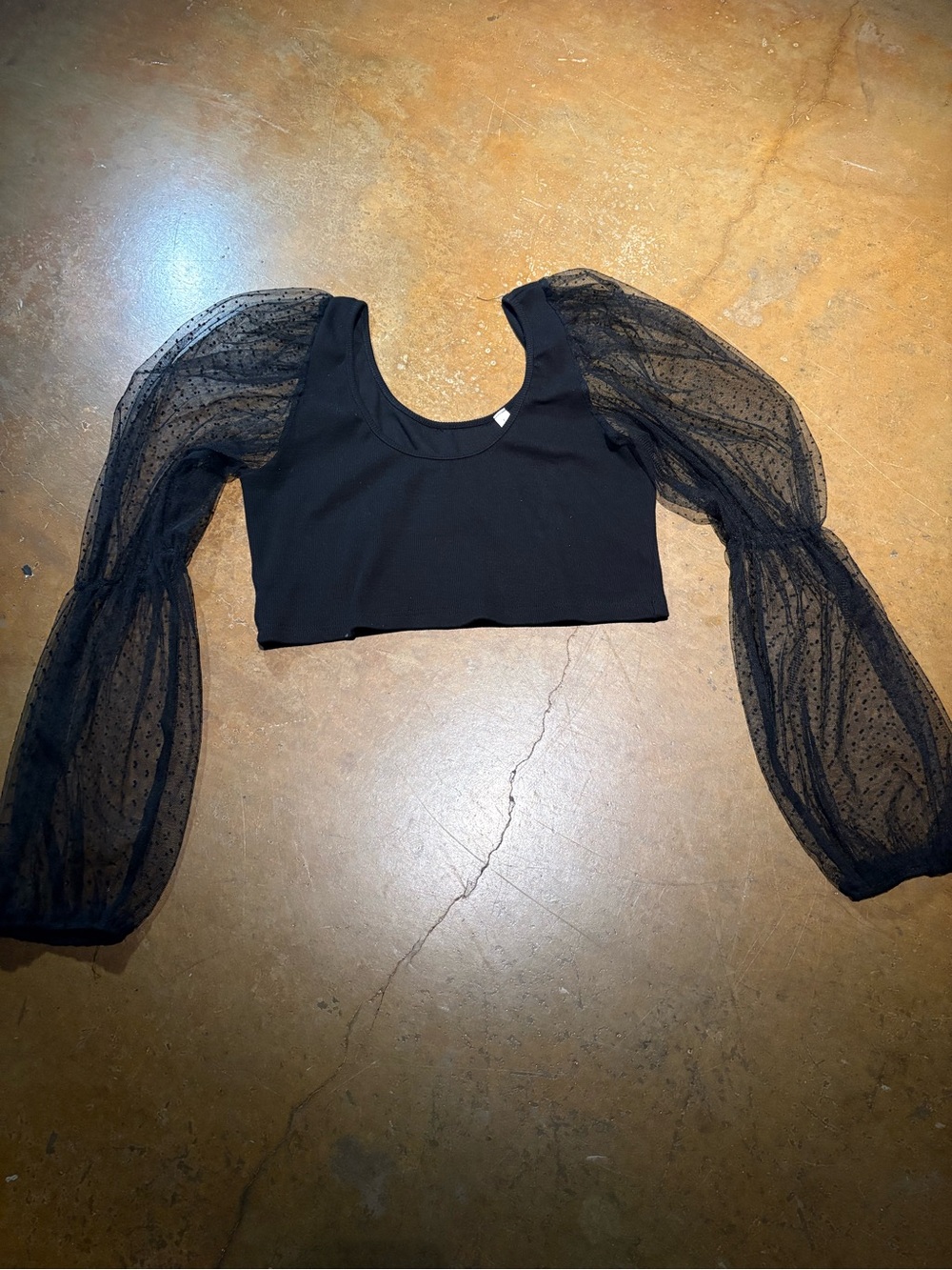 Black Sheer Puff-Sleeve Crop Top - Women